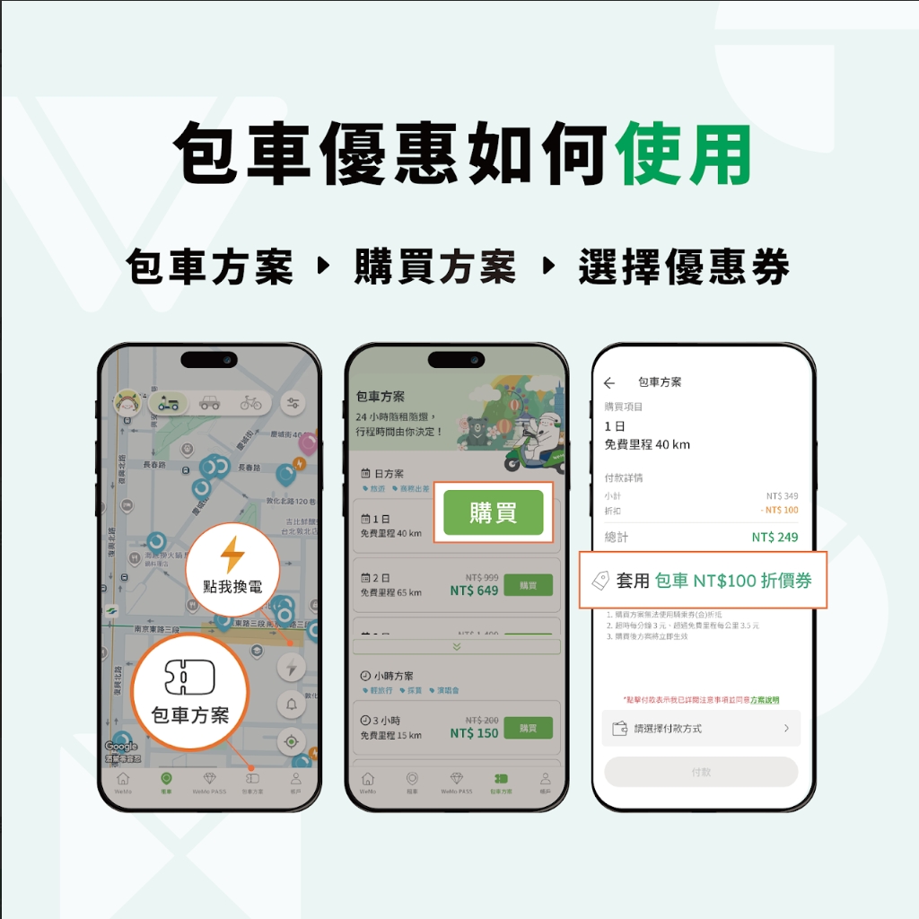 How to use WeMo car rental discounts: Select a car rental plan, purchase a daily rental plan, apply the coupon, and pay.